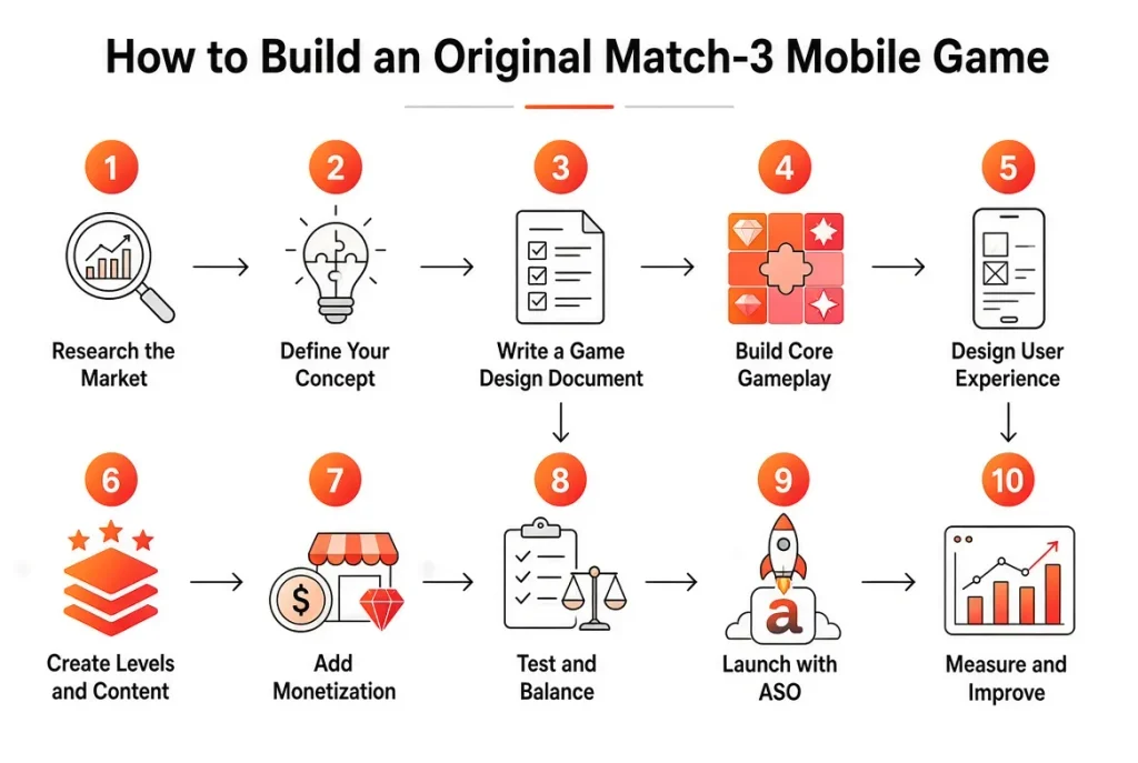 Match-3 mobile game monetization infographic showing five revenue streams around a smartphone game screen.