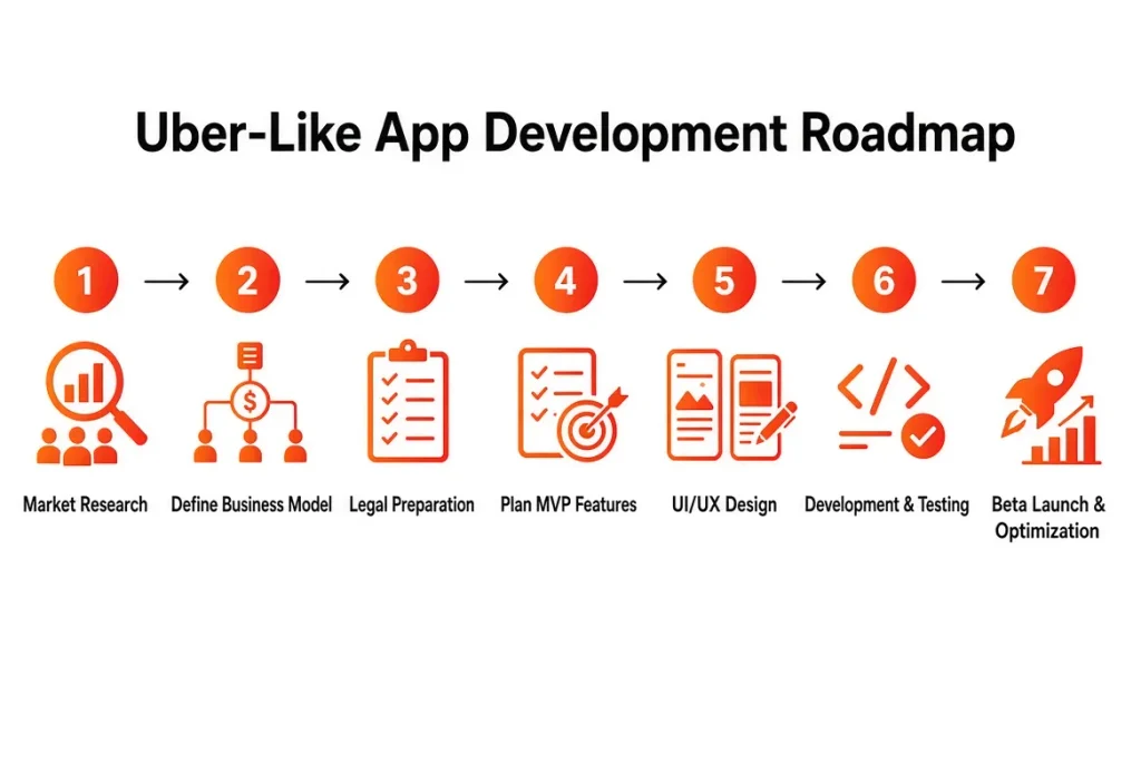 Seven-stage roadmap for launching an Uber-like app from market research and MVP planning to testing and launch