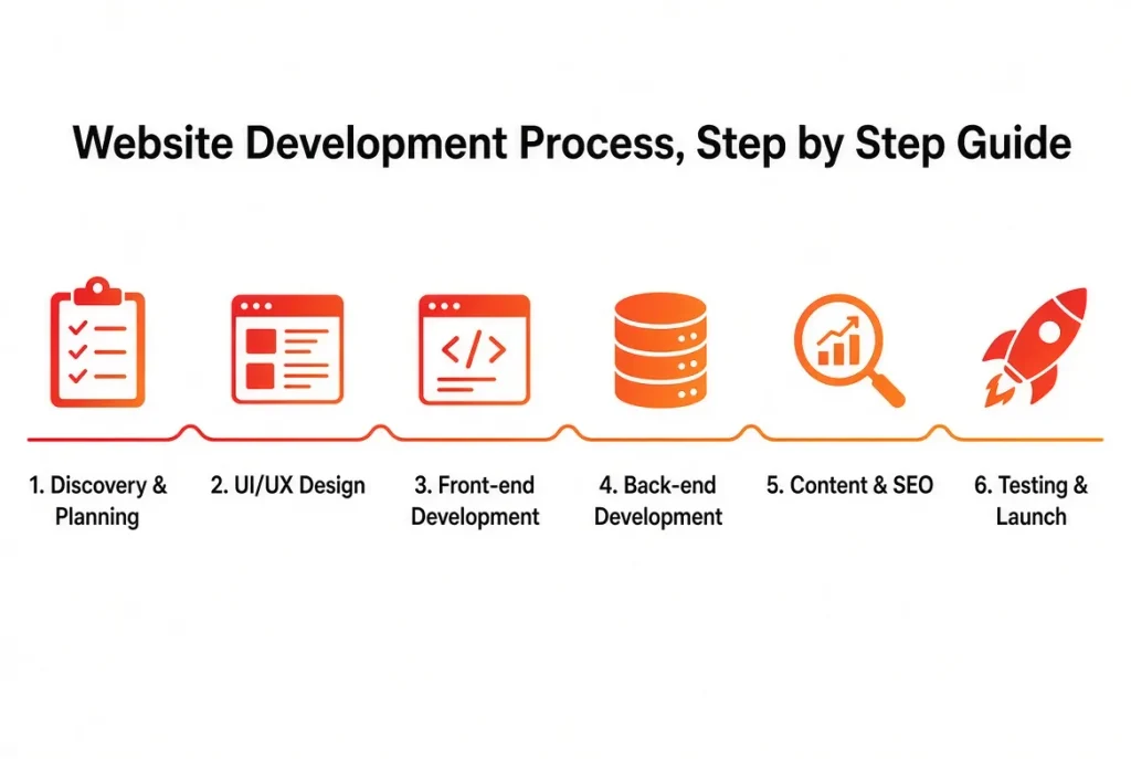 Website development process showing six steps from discovery and planning to UI UX design, front-end development, back-end development, content SEO, and testing and launch.